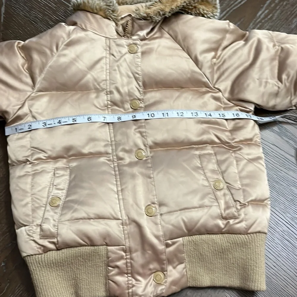 Old Navy tan/gold shiny puffer jacket with faux fur lined hood Size S